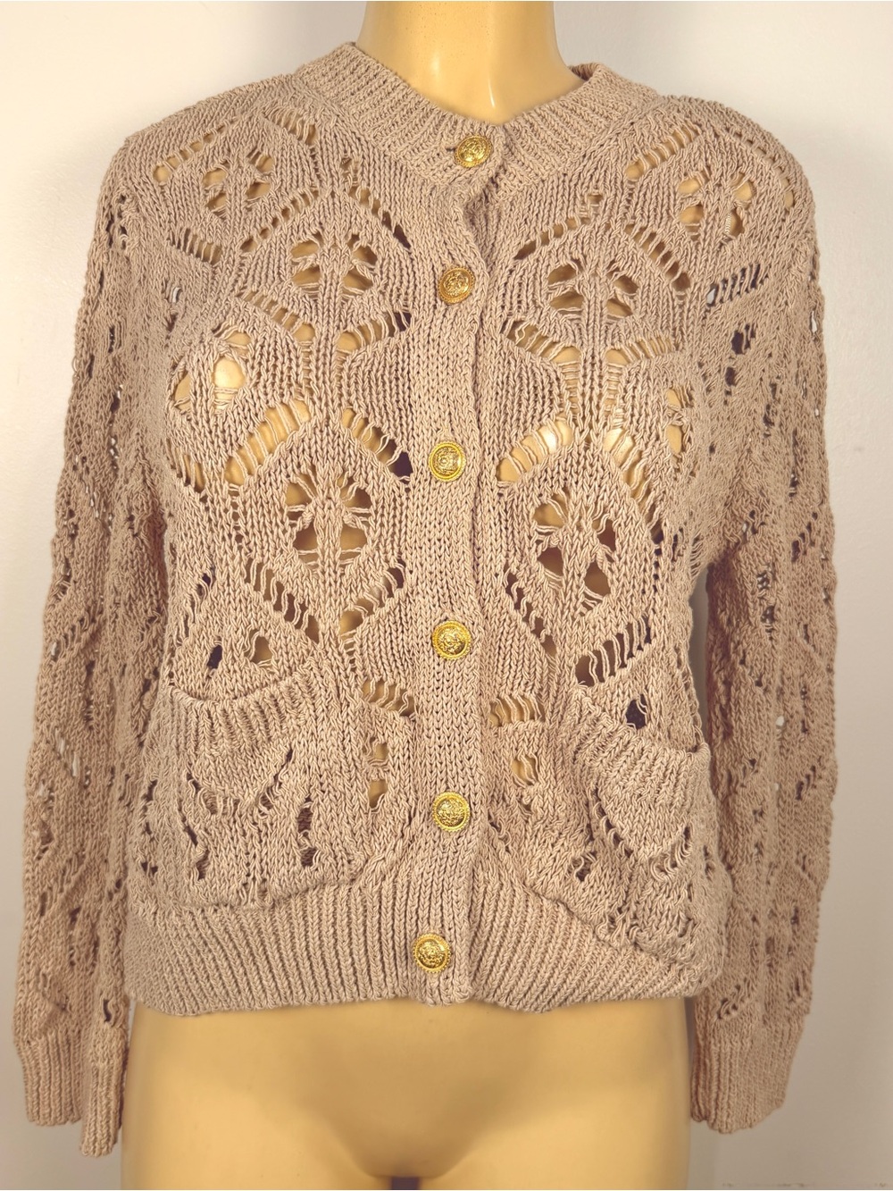 Zara Open Knit Cardigan Sweater Sz L Buttons Khaki Coastal Beach Crop Chunky